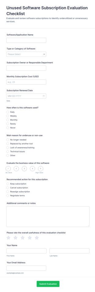 Unused Software Subscription Evaluation Checklist Form Template