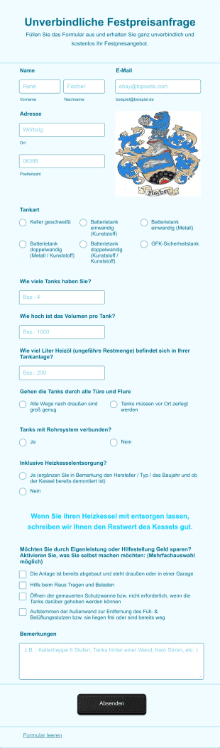 Unverbindliche Kostenanfrage Form Template