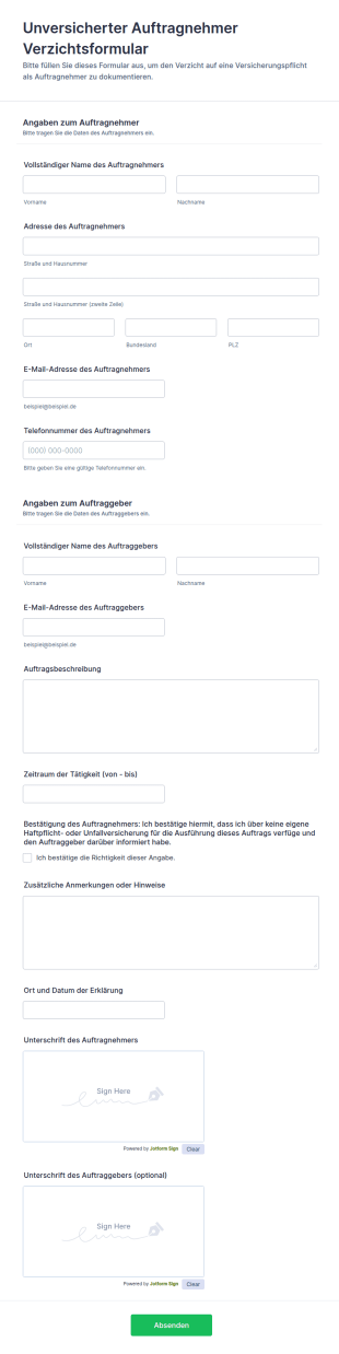 Unversicherter Auftragnehmer Verzichtsformular