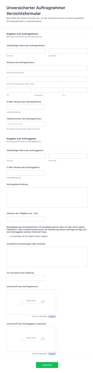 Unversicherter Auftragnehmer Verzichtsformular