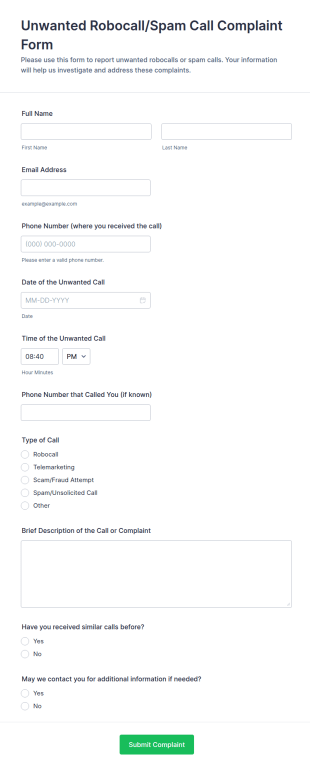 Unwanted Robocall Complaint Form Template
