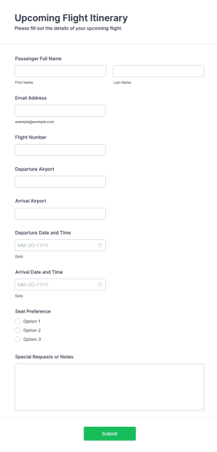 Upcoming Flight Itinerary Form Template