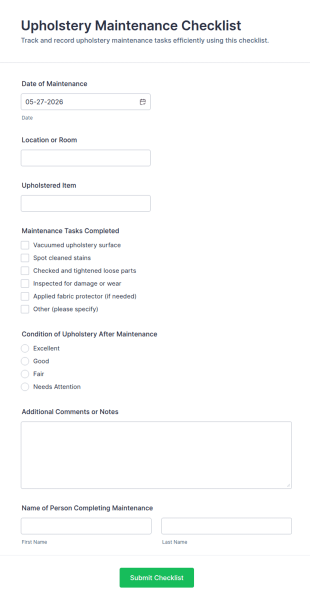 Upholstery Maintenance Checklist Form Template