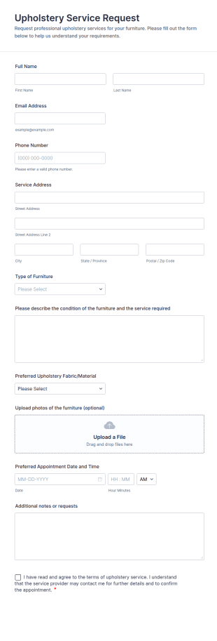 Upholstery Service Request Form Template