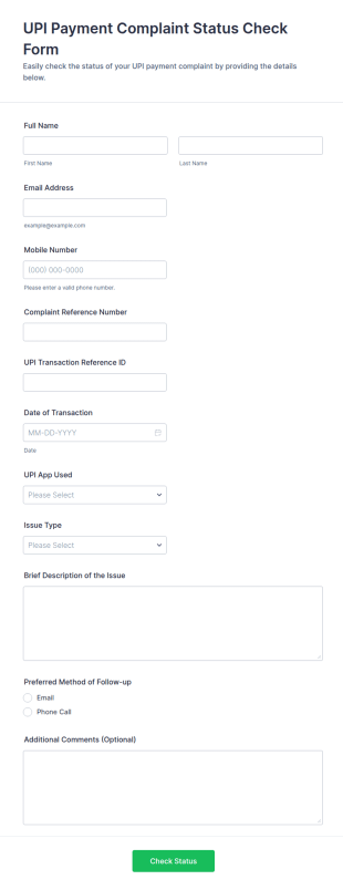 UPI Payment Complaint Status Check Form Template