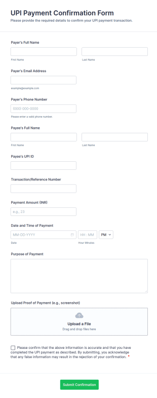 UPI Payment Confirmation Form Template