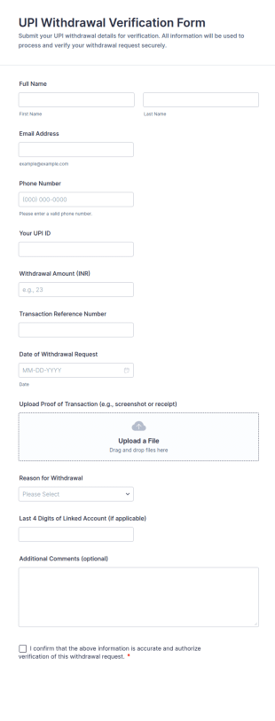 UPI Withdrawal Verification Form Template