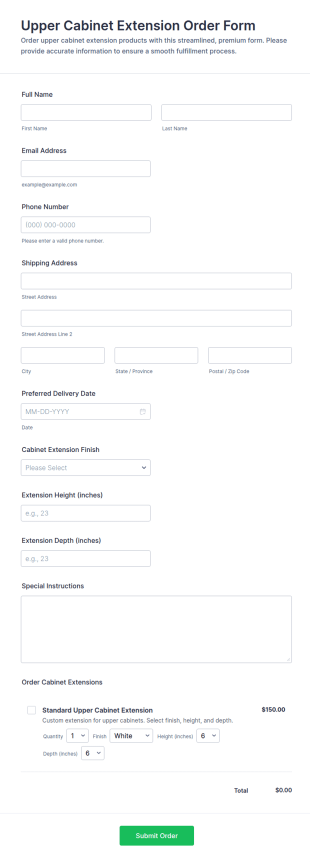 Upper Cabinet Extension Order Form Template