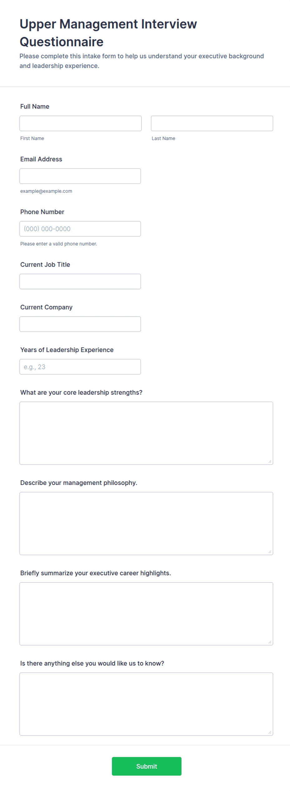 Upper Management Interview Questionnaire Form Template | Jotform