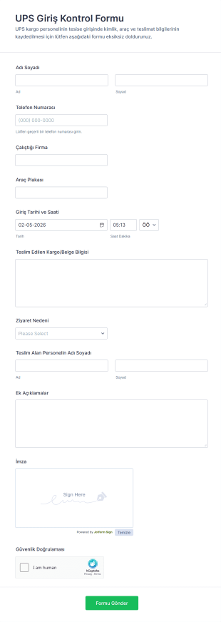 UPS Giriş Kontrol Form Şablonu