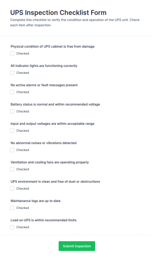 UPS Inspection Checklist Form Template