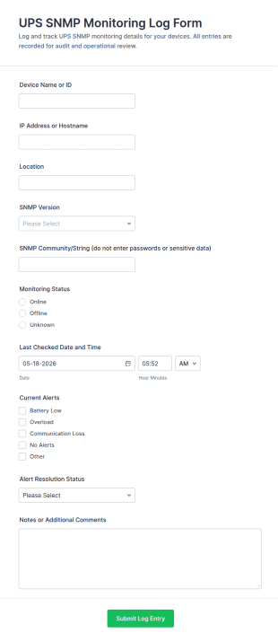 UPS SNMP Monitoring Log Form Template