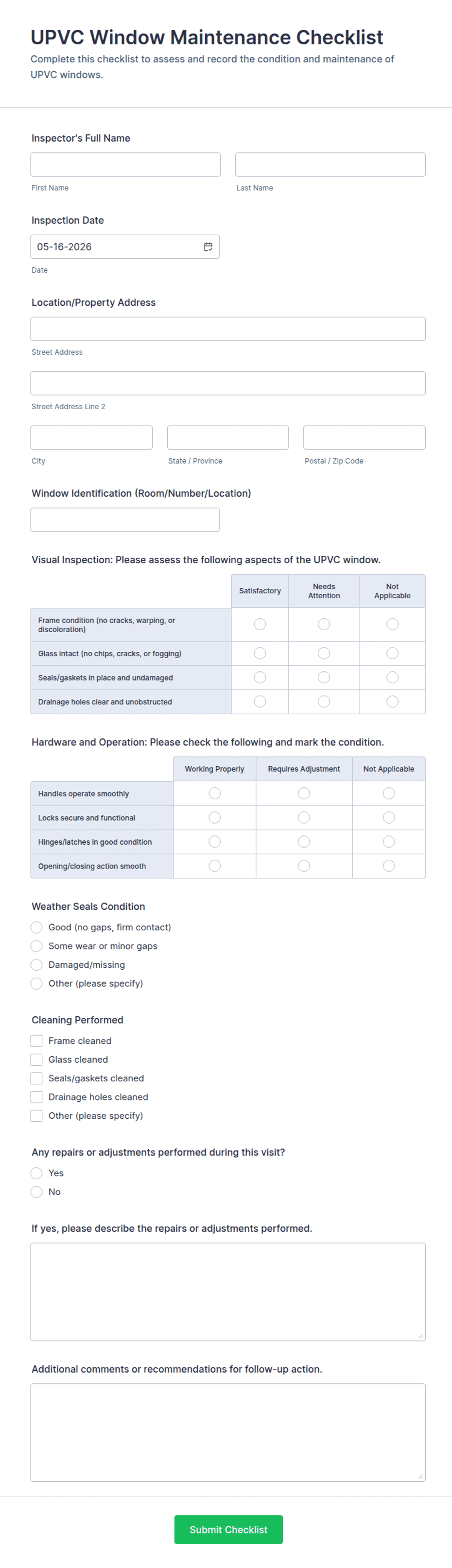 UPVC Window Maintenance Checklist Form Template | Jotform
