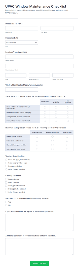 UPVC Window Maintenance Checklist Form Template