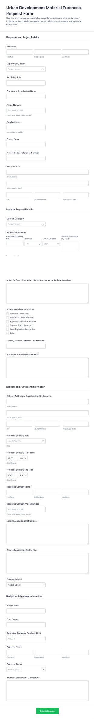 Urban Development Material Purchase Request Form Template