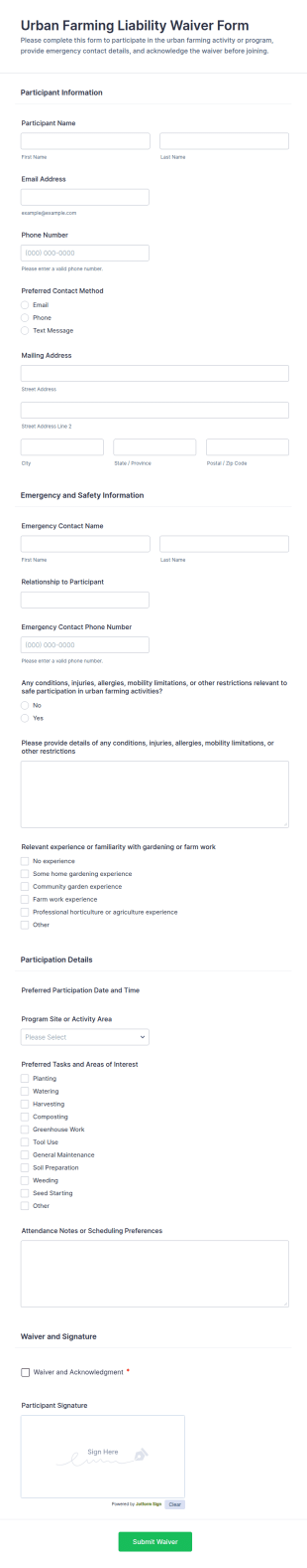Urban Farming Liability Waiver Form Template