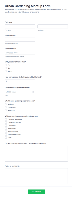 Urban Gardening Meetup RSVP Form Template