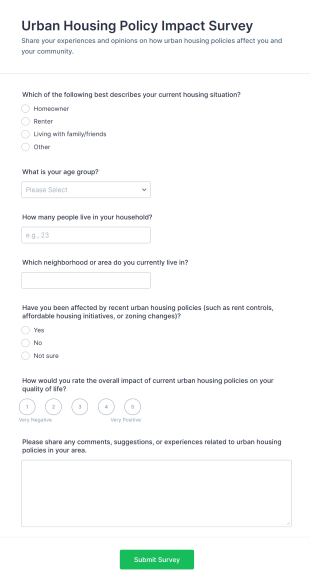Urban Housing Policy Impact Survey Form Template