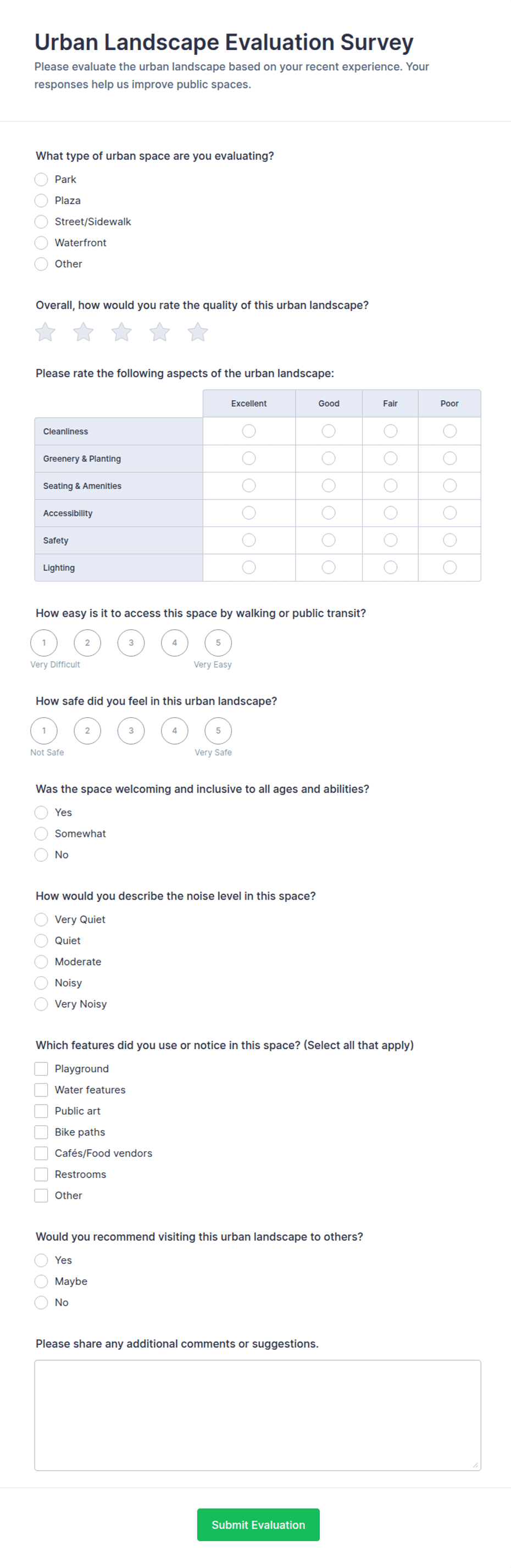 Urban Landscape Evaluation Survey Form Template | Jotform