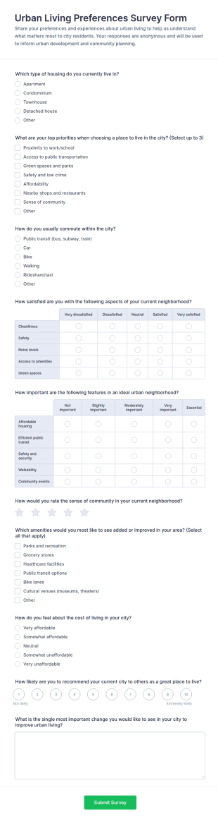 Urban Living Preferences Survey Form Template