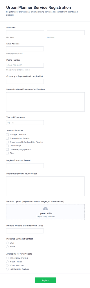 Urban Planner Service Registration Form Template