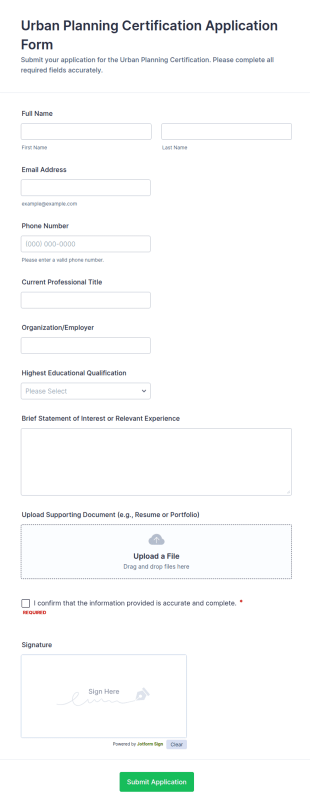 Urban Planning Certification Application Form Template