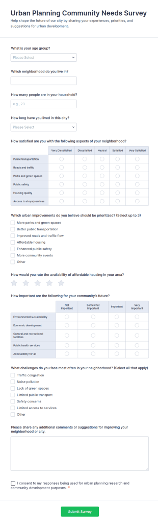 Urban Planning Community Needs Survey Form Template