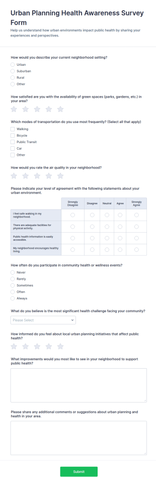 Urban Planning Health Awareness Survey Form Template