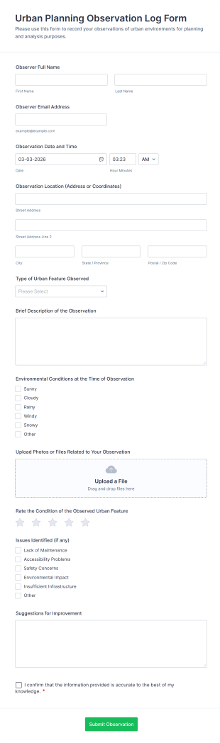 Urban Planning Observation Log Form Template