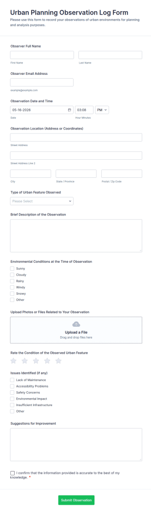Urban Planning Observation Log Form Template