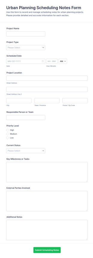 Urban Planning Scheduling Notes Form Template