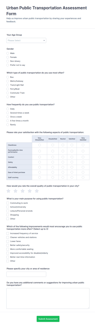 Urban Public Transportation Assessment Form Template