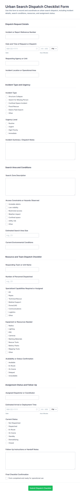 Urban Search Dispatch Checklist Form Template