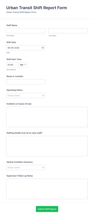 Urban Transit Shift Report Form Template
