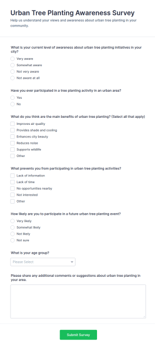 Urban Tree Planting Awareness Survey Form Template