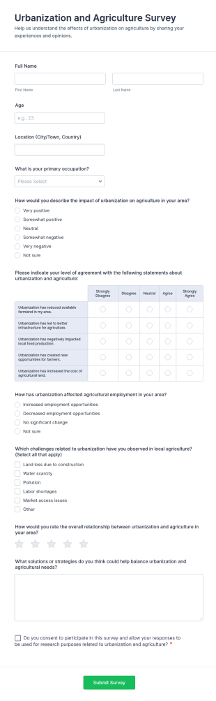 Urbanization And Agriculture Survey Form Template