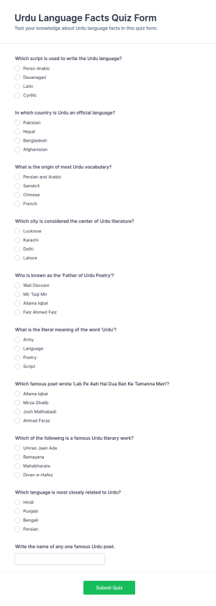Urdu Language Facts Quiz Form Template