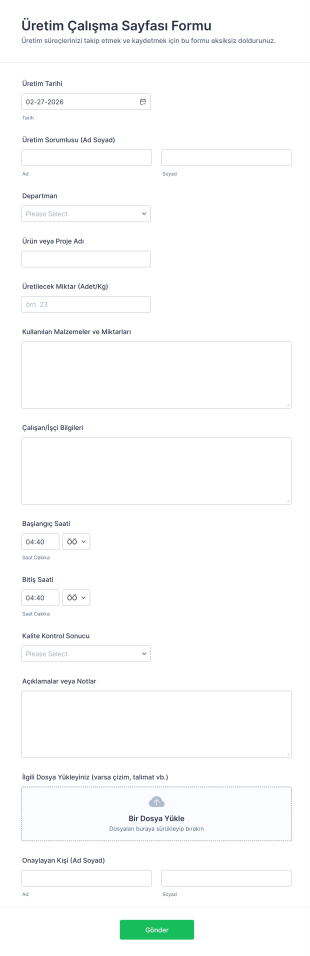 Üretim Çalışma Sayfası Form Şablonu