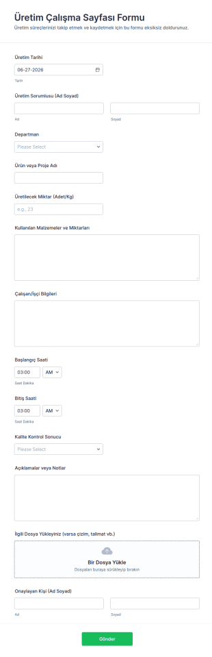 Üretim Çalışma Sayfası Form Şablonu