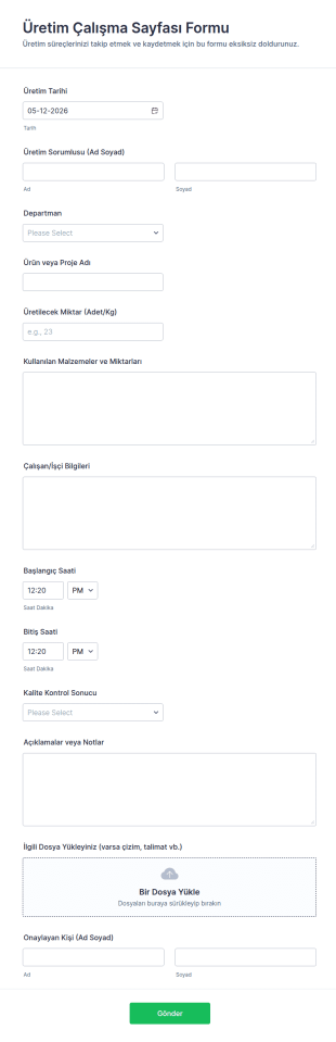 Üretim Çalışma Sayfası Form Şablonu