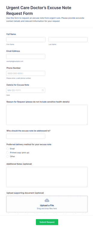 Urgent Care Doctor’s Excuse Note Request Form Template