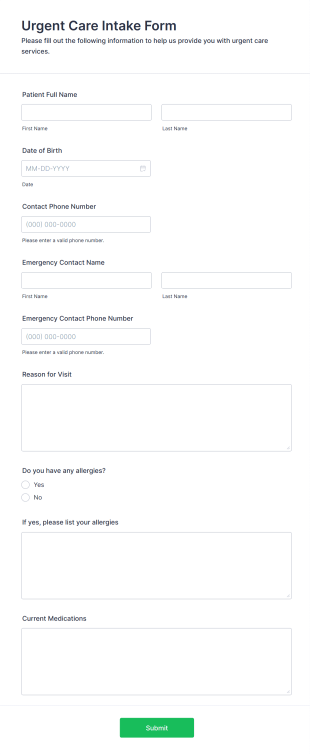 Urgent Care Intake Form Form Template