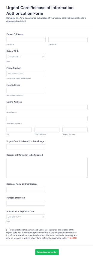 Urgent Care Release Of Information Authorization Form Template