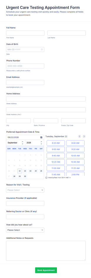 Urgent Care Testing Appointment Form Template