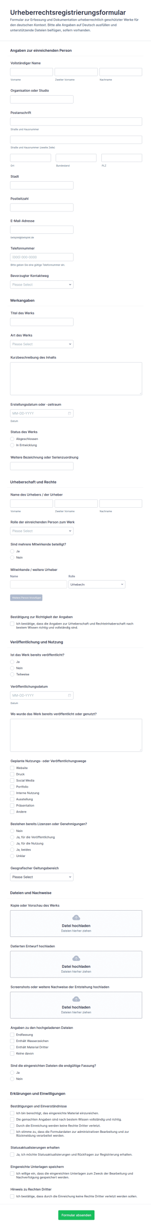 Urheberrechtsanmeldung Formular