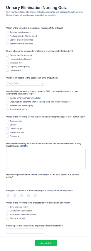 Urinary Elimination Nursing Quiz Form Template
