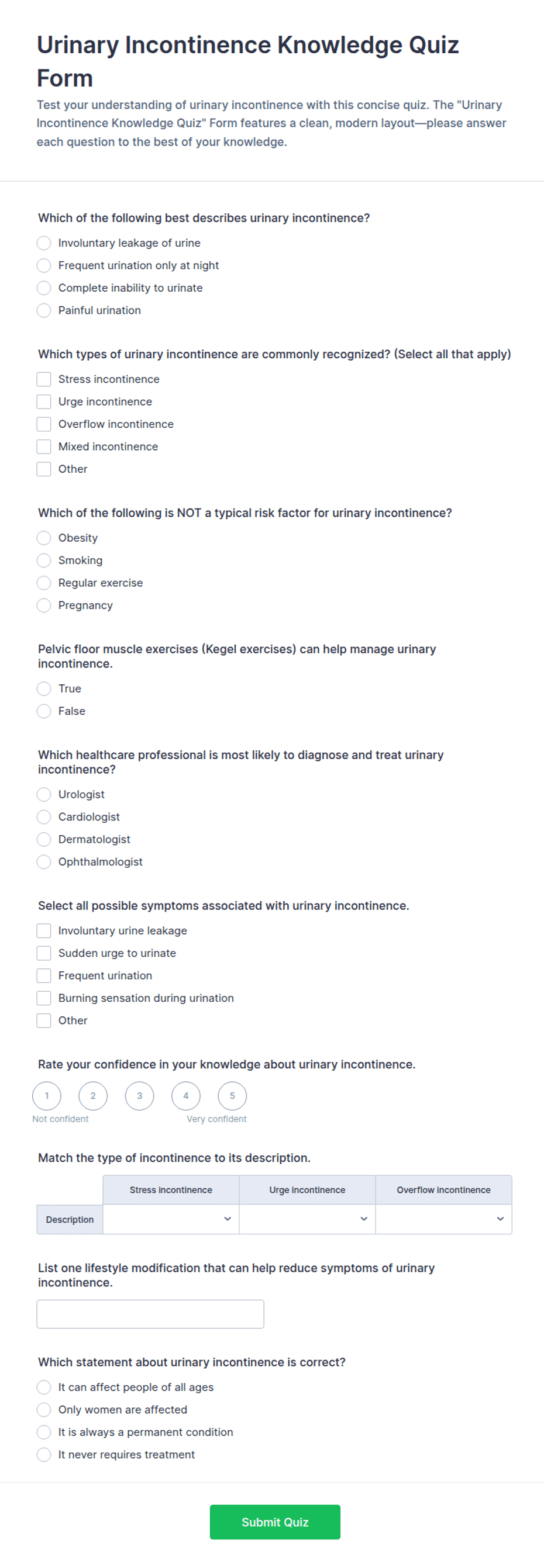 Urinary Incontinence Knowledge Quiz Form Template | Jotform