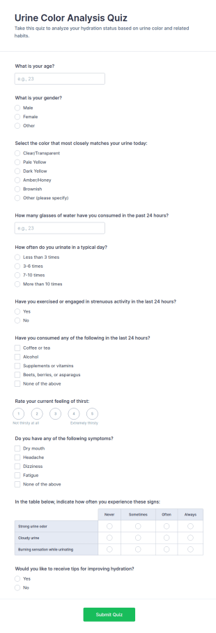 Urine Color Analysis Quiz Form Template