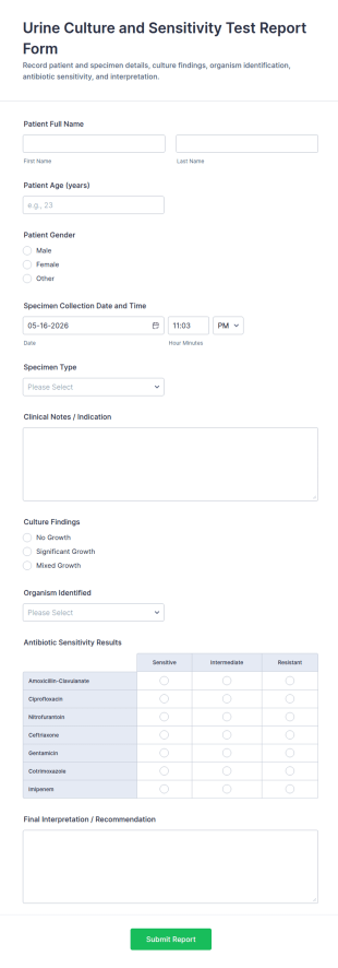 Urine Culture And Sensitivity Test Report Form Template