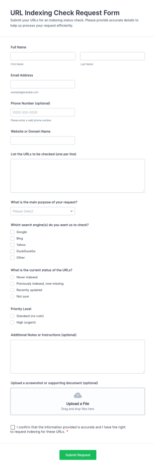 URL Indexing Check Request Form Template